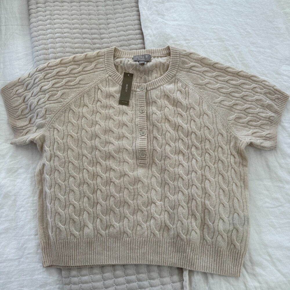 J.Crew 100% Cashmere Cable Knit Henley Sweater XL Heather Natural NWT BH453